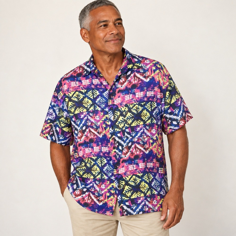 Robert Stock Mens Shirt Vintage 100% Silk Abstract Ikat Print Medium Multicolor
